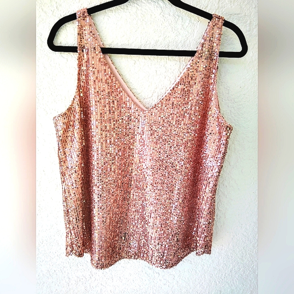 LOFT Sequin Pink Sleeveless V-Neck Tank Top Size M